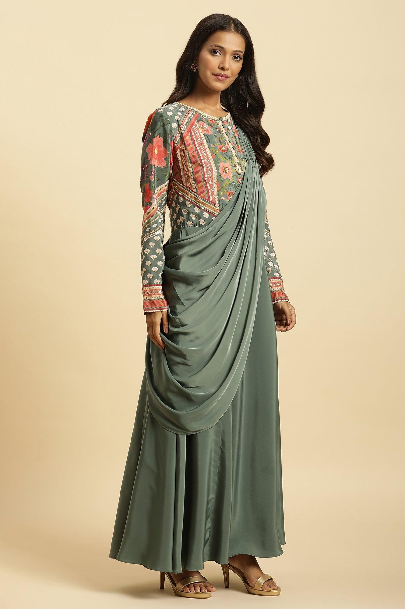 Green Predrape Saree Dress With Multi-Coloured Embellishement - wforwoman