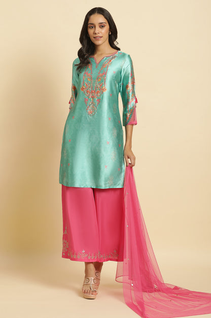 Sea Green Digital Printed Kurta, Pants &amp; Dupatta Set