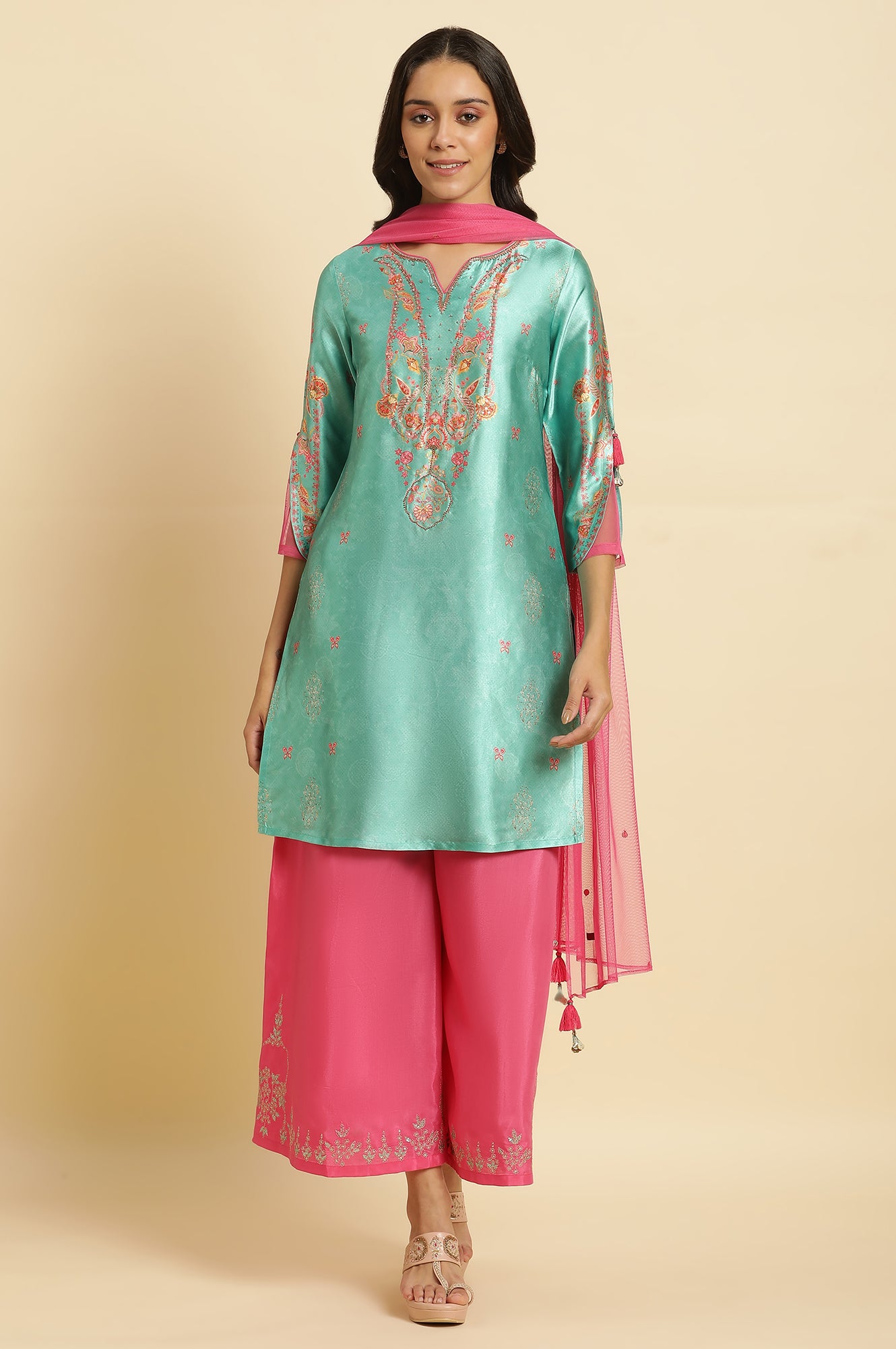 Sea Green Digital Printed Kurta, Pants &amp; Dupatta Set