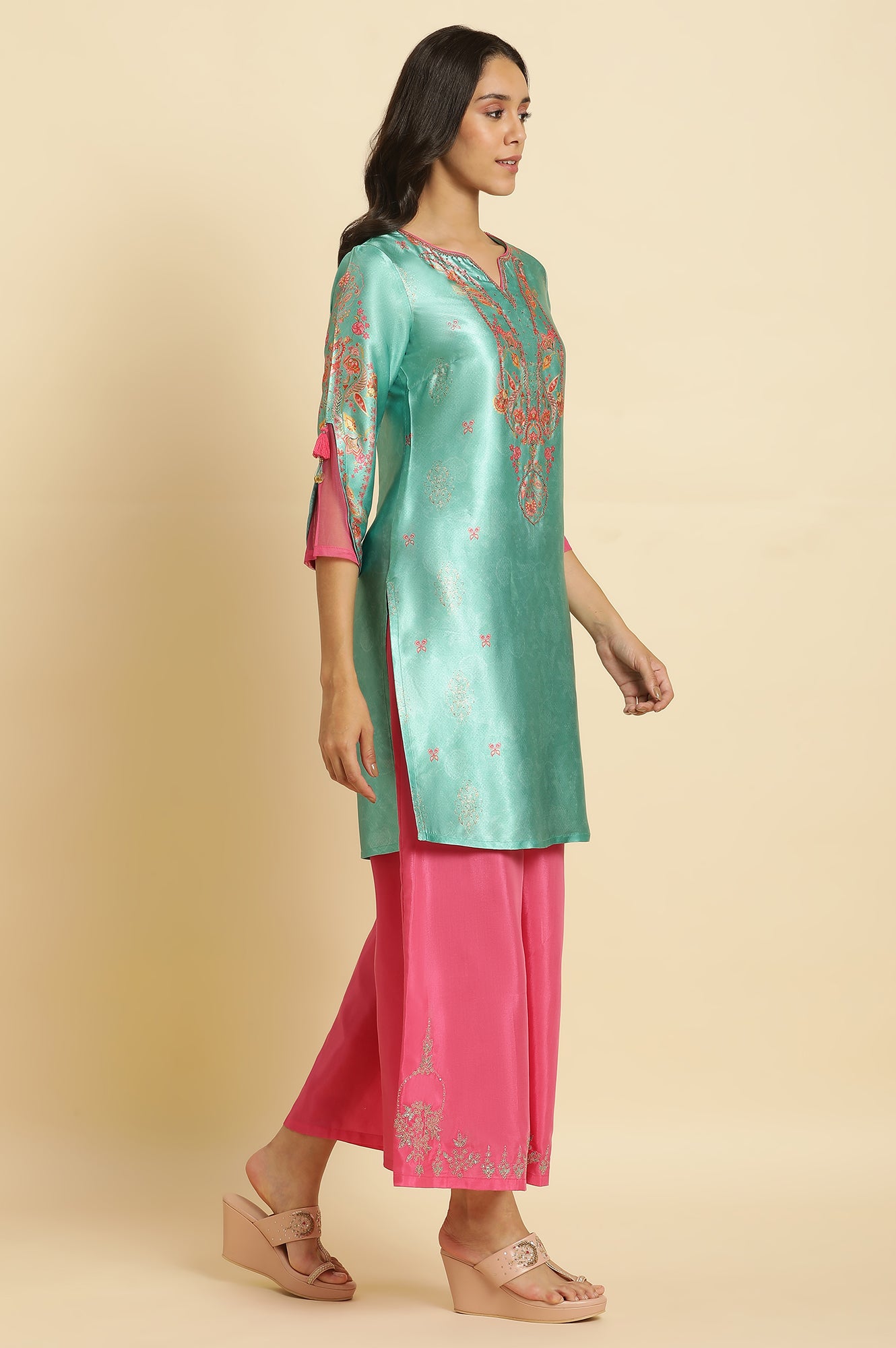 Sea Green Digital Printed Kurta, Pants &amp; Dupatta Set