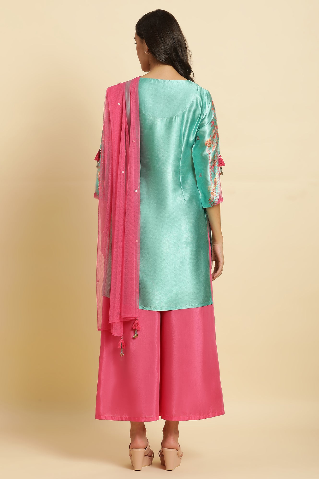 Sea Green Digital Printed Kurta, Pants &amp; Dupatta Set