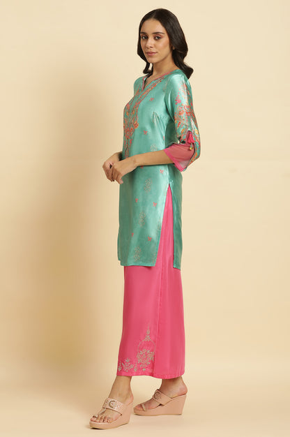 Sea Green Digital Printed Kurta, Pants &amp; Dupatta Set