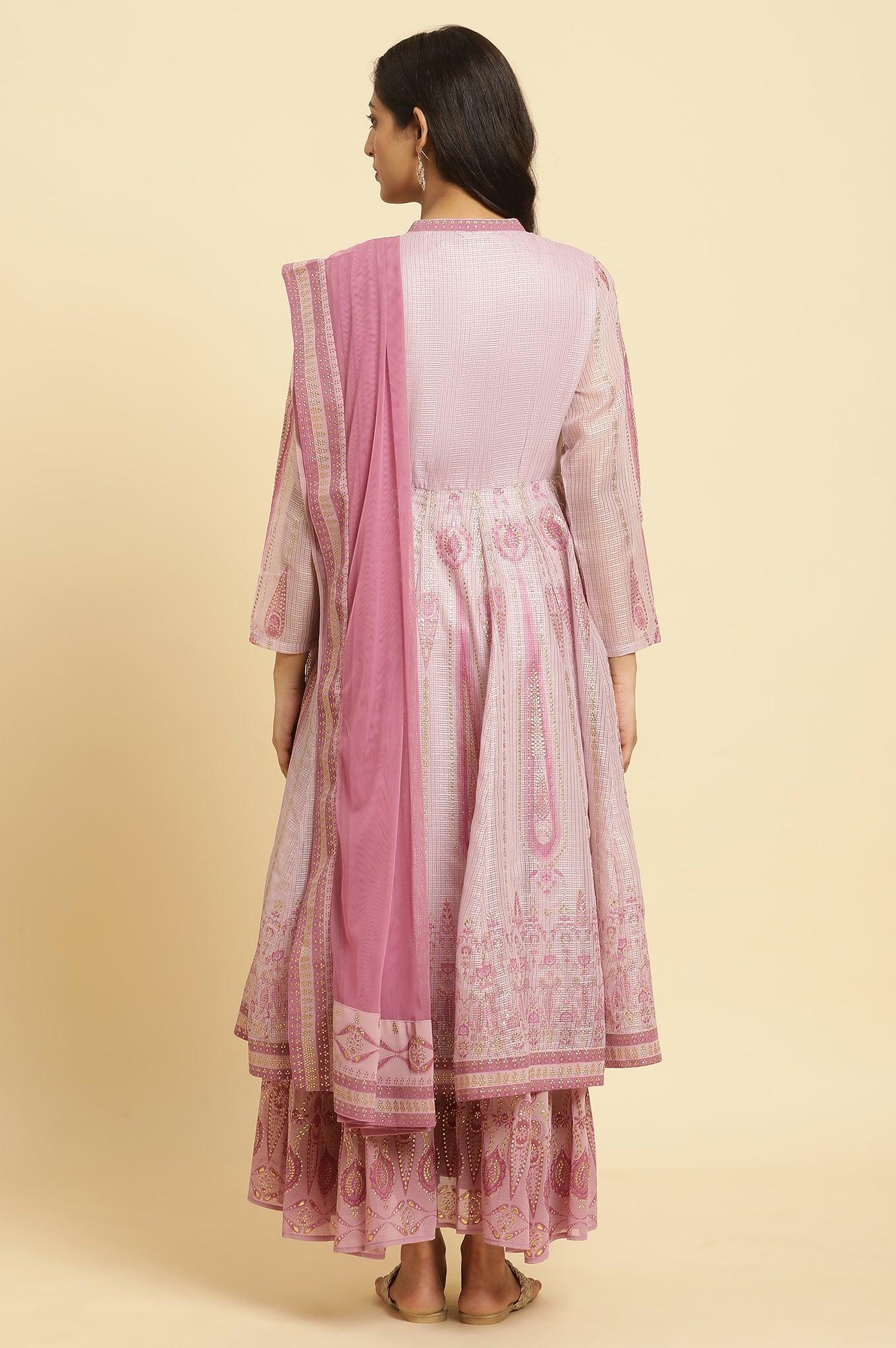 Soft Pink Panelled Layered Gown And Dupatta Set - wforwoman
