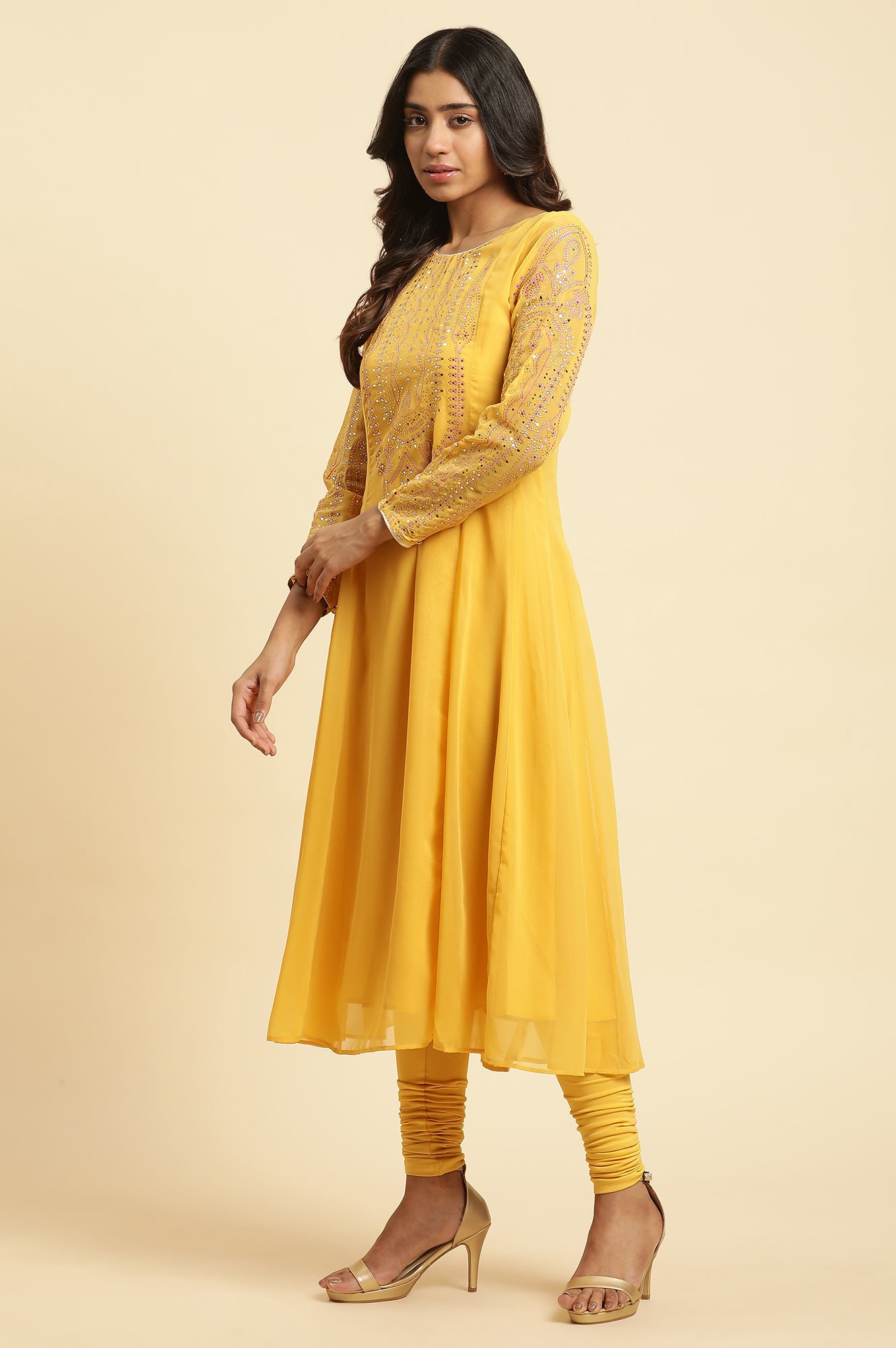 Yellow Embroidered Kurta, Tights &amp; Dupatta Set