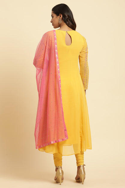 Yellow Embroidered Kurta, Tights &amp; Dupatta Set