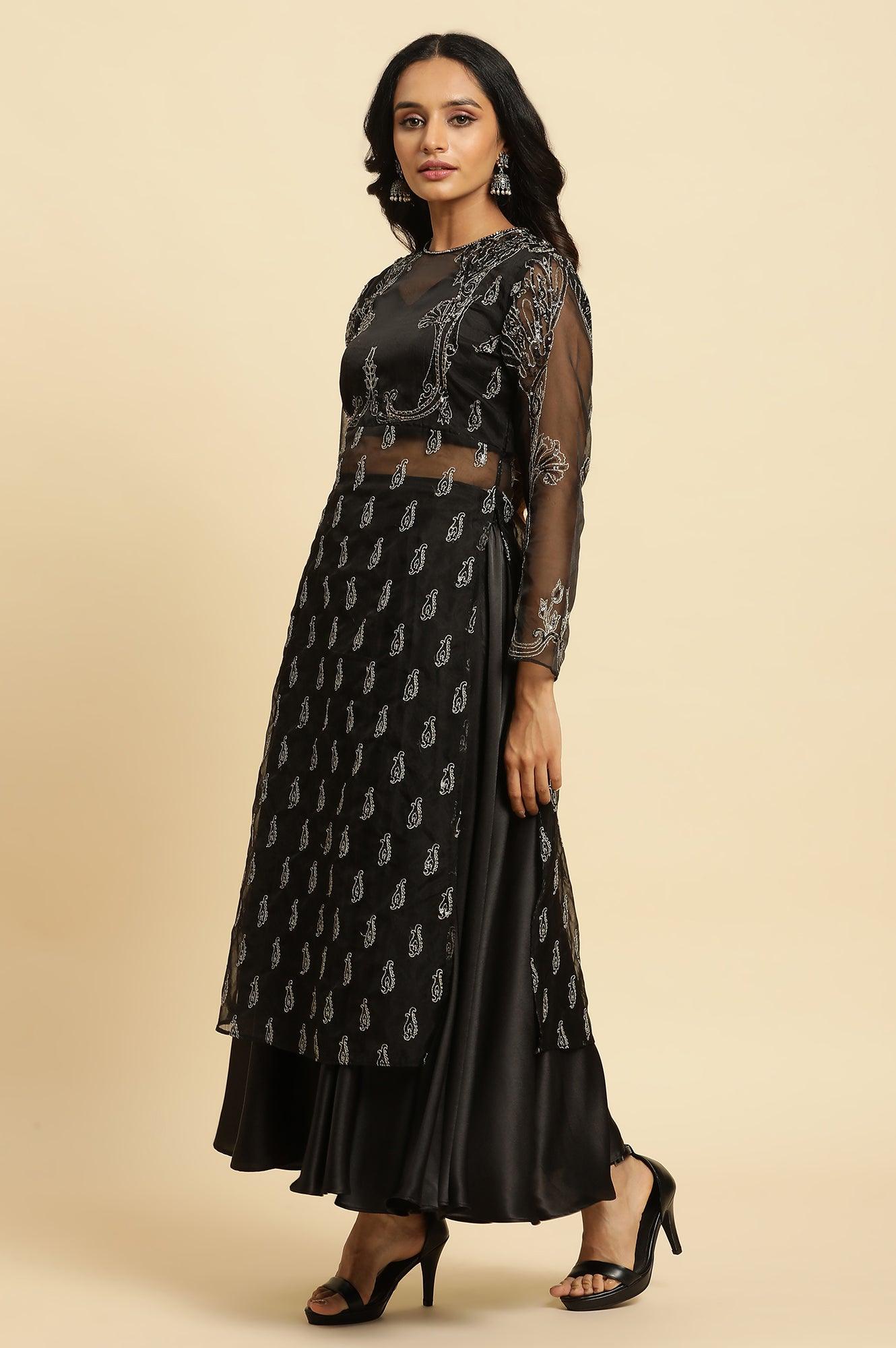 Black Zari Embroidered Sheer Kurta And Skirt Set - wforwoman