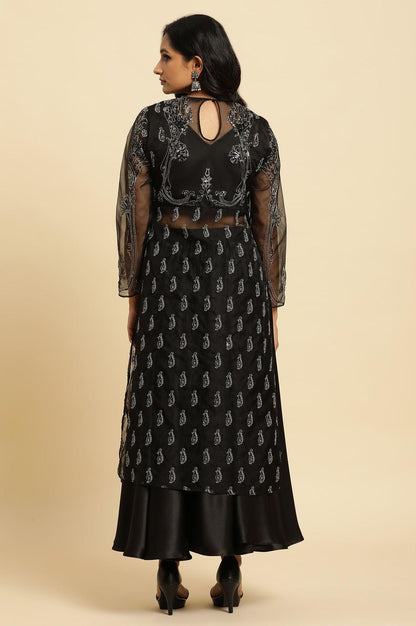 Black Zari Embroidered Sheer Kurta And Skirt Set - wforwoman