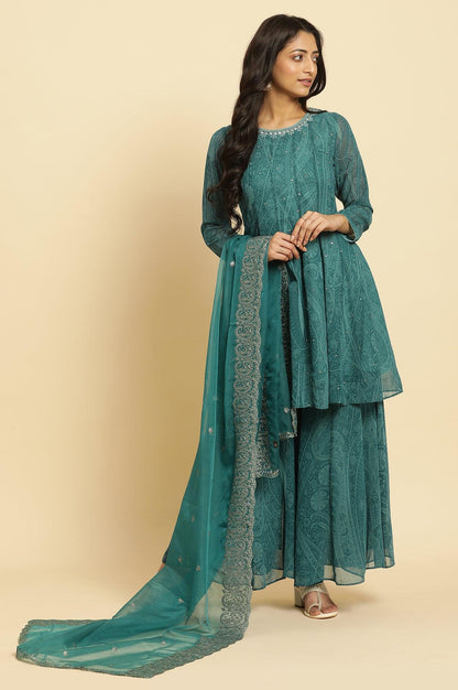 Green Print-On-Printed Embellished Flared Kurta, Sharara And Dupatta Set - wforwoman