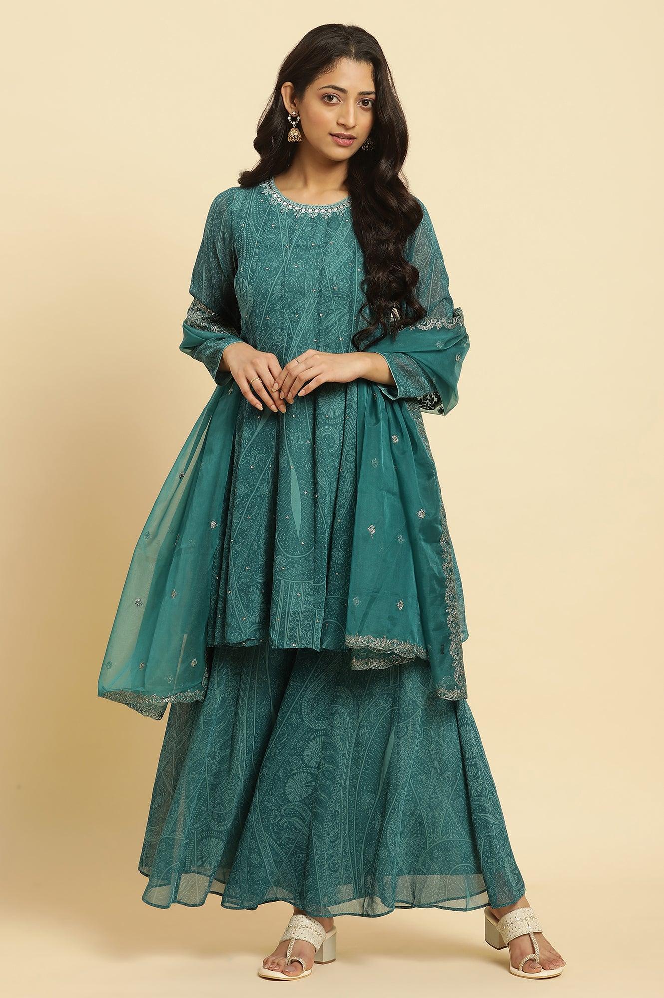 Green Print-On-Printed Embellished Flared Kurta, Sharara And Dupatta Set - wforwoman