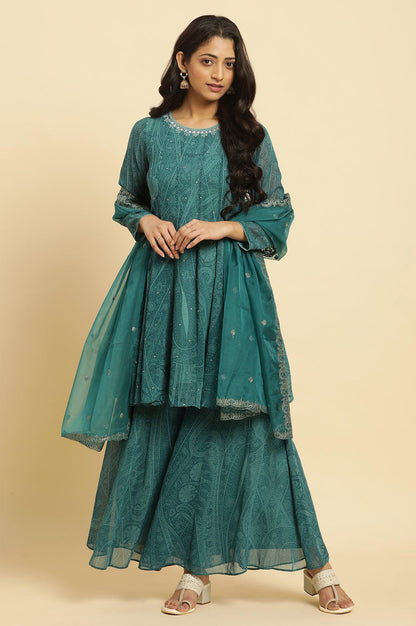 Green Print-On-Printed Embellished Flared Kurta, Sharara And Dupatta Set - wforwoman