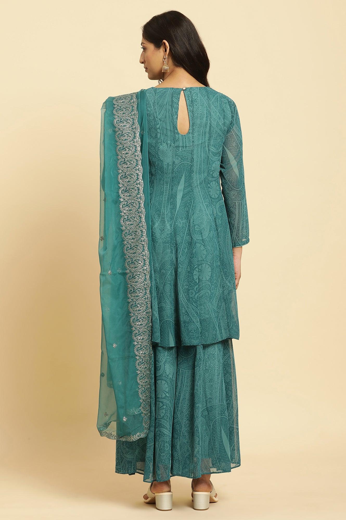 Green Print-On-Printed Embellished Flared Kurta, Sharara And Dupatta Set - wforwoman