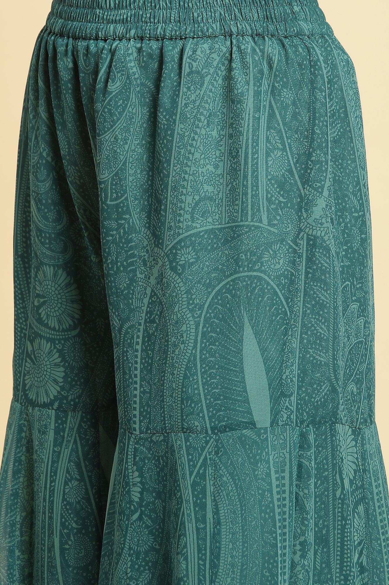 Green Print-On-Printed Embellished Flared Kurta, Sharara And Dupatta Set - wforwoman