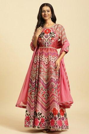 Multi-Coloured Floral Printed Anarkali Dress And Dupatta Set - wforwoman