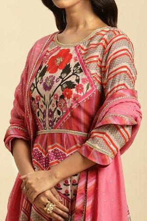 Multi-Coloured Floral Printed Anarkali Dress And Dupatta Set - wforwoman