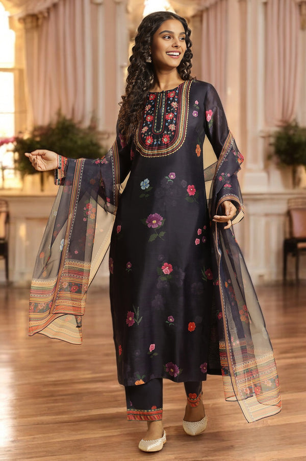 Navy Blue Chanderi Floral Printed Kurta, Pants and Organza Dupatta Set