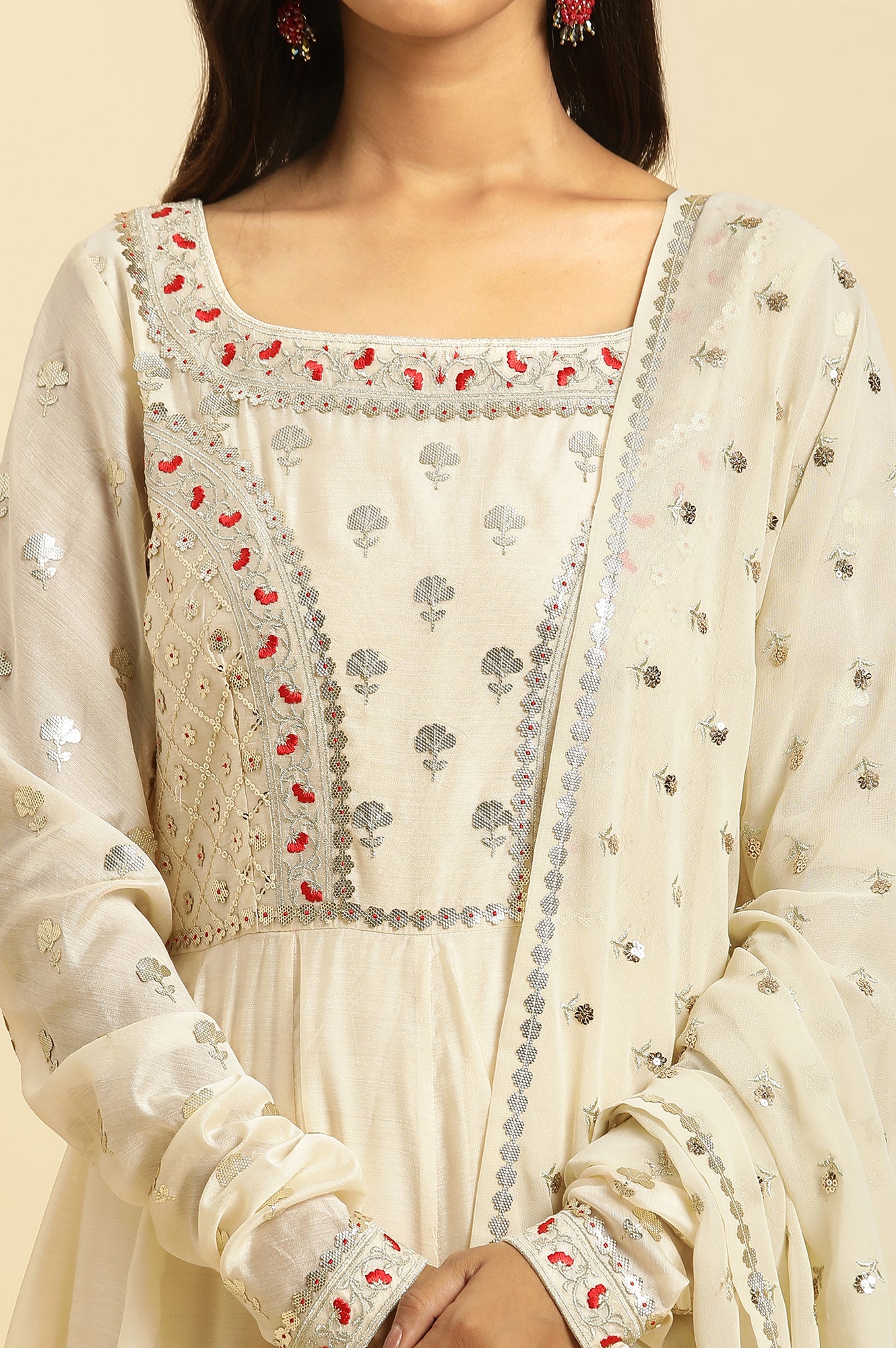 Ecru Chanderi Anakali Flared Kurta And Embroidered Georgette Dupatta Set