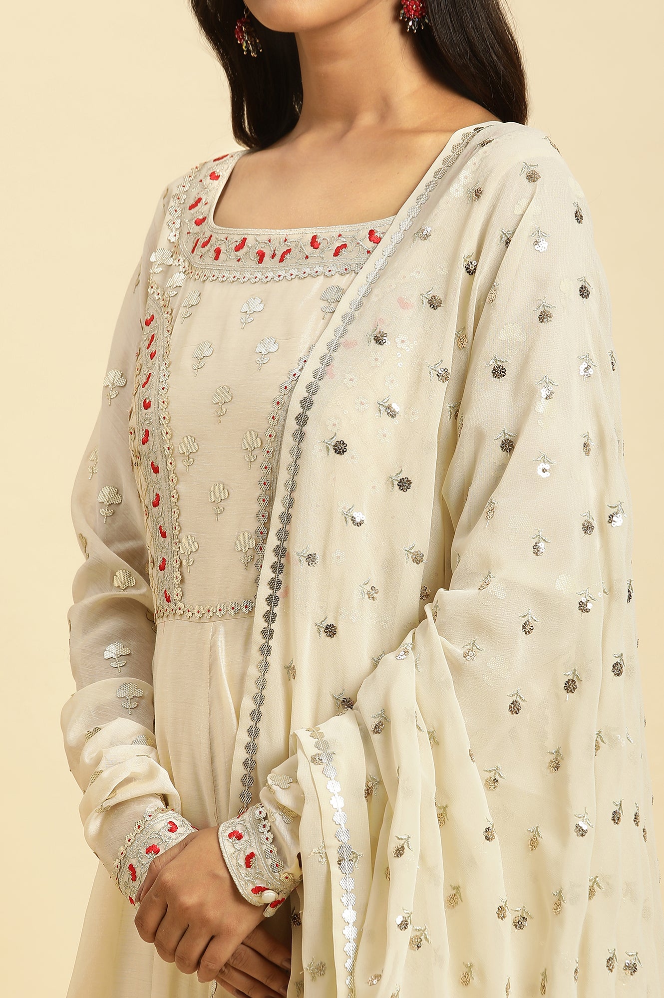 Ecru Chanderi Anakali Flared Kurta And Embroidered Georgette Dupatta Set