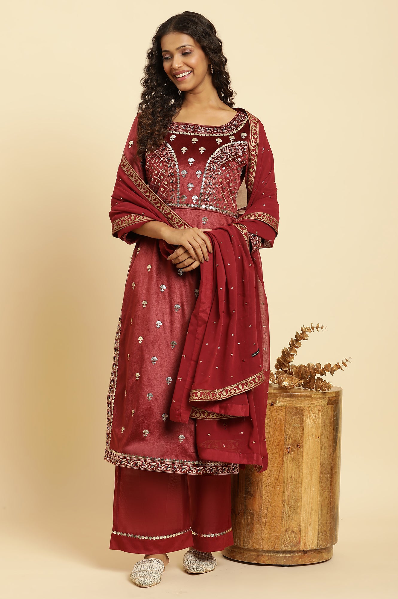 Maroon Mircro Velvet Embellished Kurta, Pants And Dupatta Set