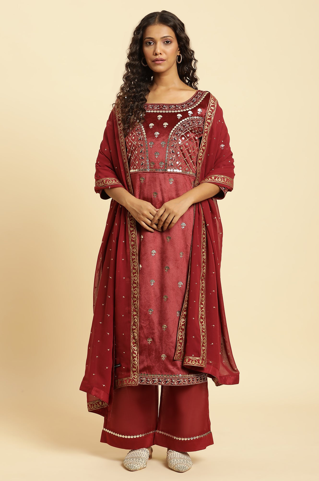 Maroon Mircro Velvet Embellished Kurta, Pants And Dupatta Set