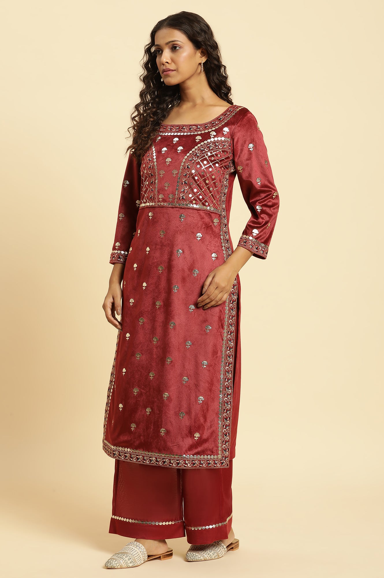 Maroon Mircro Velvet Embellished Kurta, Pants And Dupatta Set