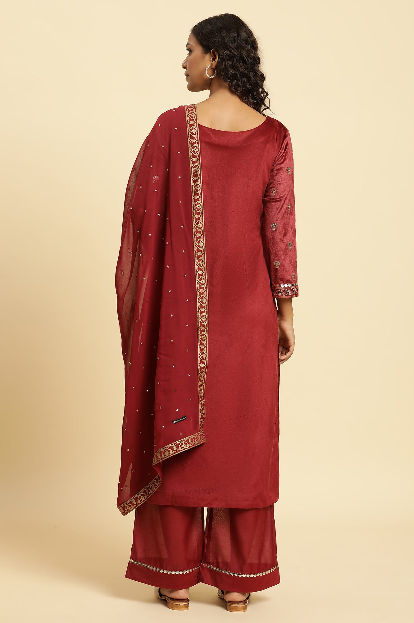 Maroon Mircro Velvet Embellished Kurta, Pants And Dupatta Set