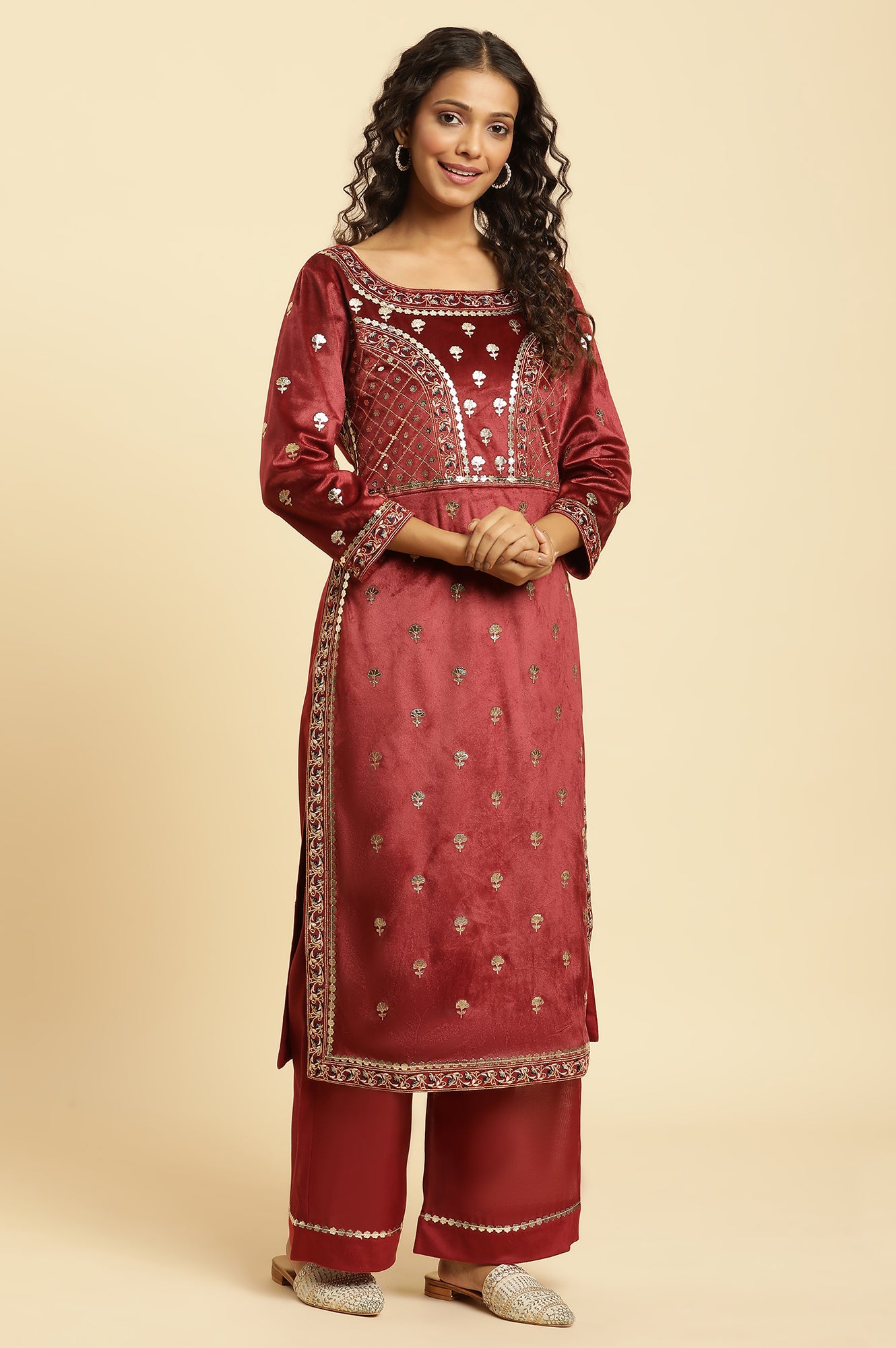 Maroon Mircro Velvet Embellished Kurta, Pants And Dupatta Set