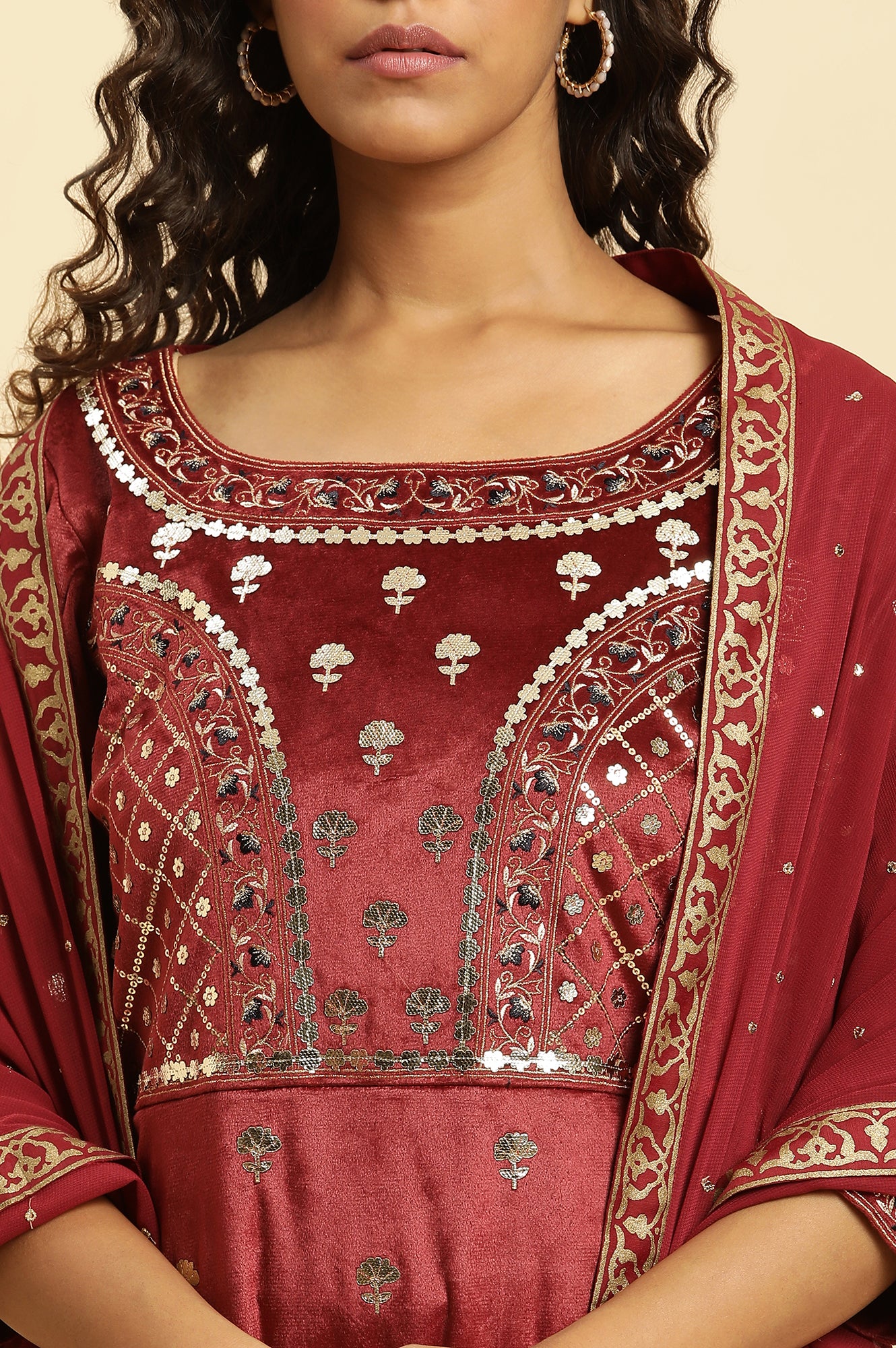 Maroon Mircro Velvet Embellished Kurta, Pants And Dupatta Set