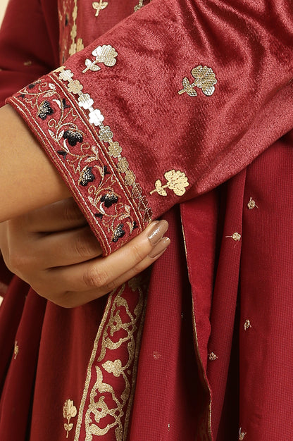 Maroon Mircro Velvet Embellished Kurta, Pants And Dupatta Set