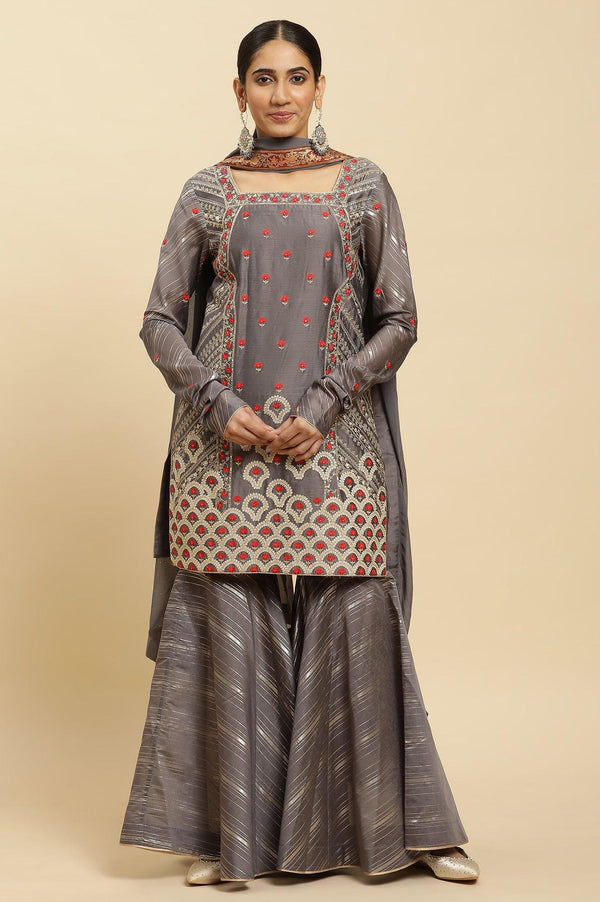 Light Grey Embroidered Heavy Festive Kurta And Sharara And Dupatta Set