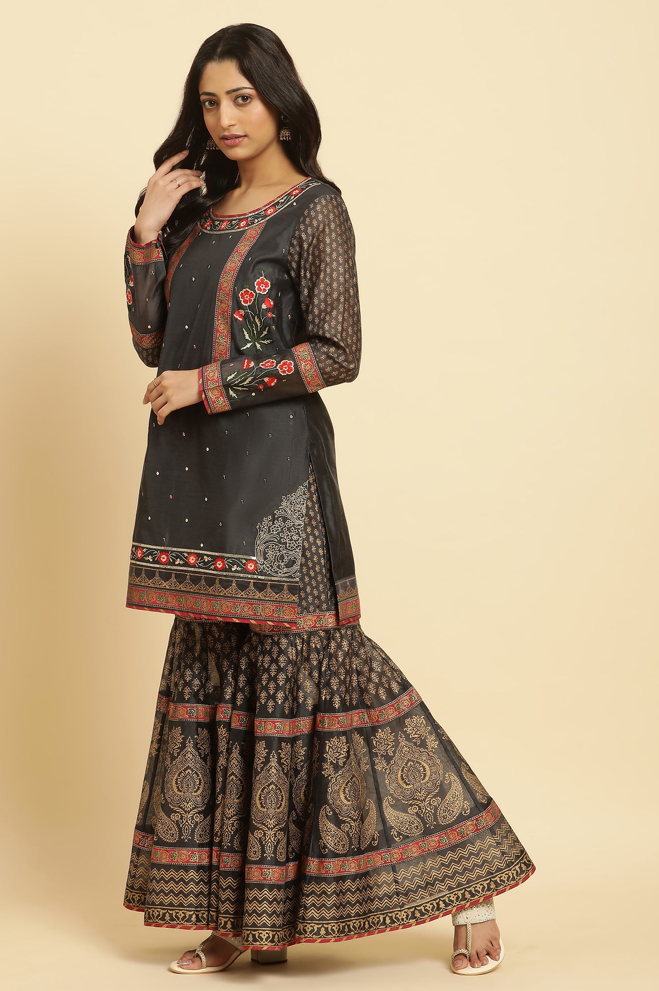 Grey Embroidered Short Kurta, Sharara And Dupatta