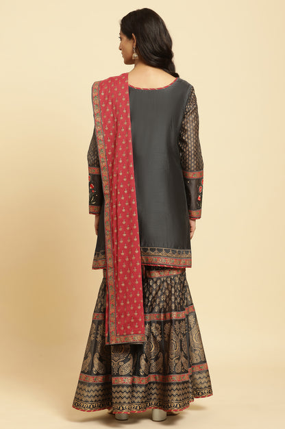 Grey Embroidered Short Kurta, Sharara And Dupatta - wforwoman