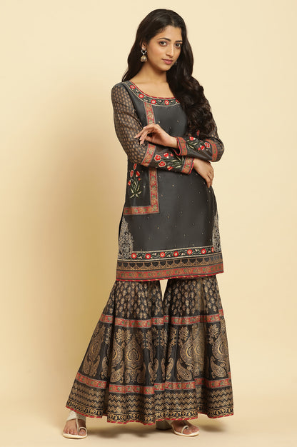 Grey Embroidered Short Kurta, Sharara And Dupatta