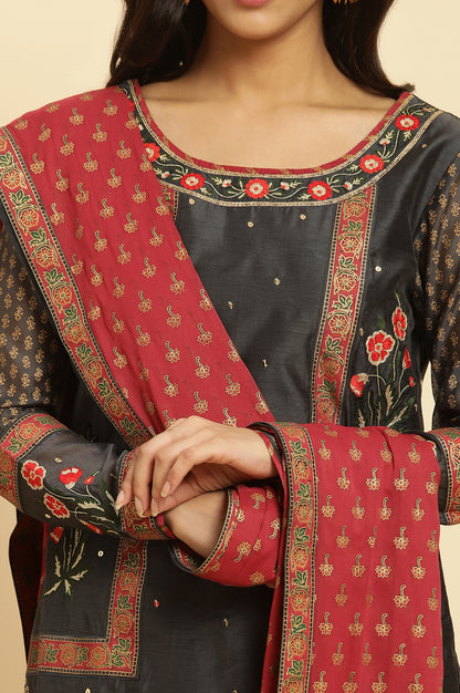 Grey Embroidered Short Kurta, Sharara And Dupatta