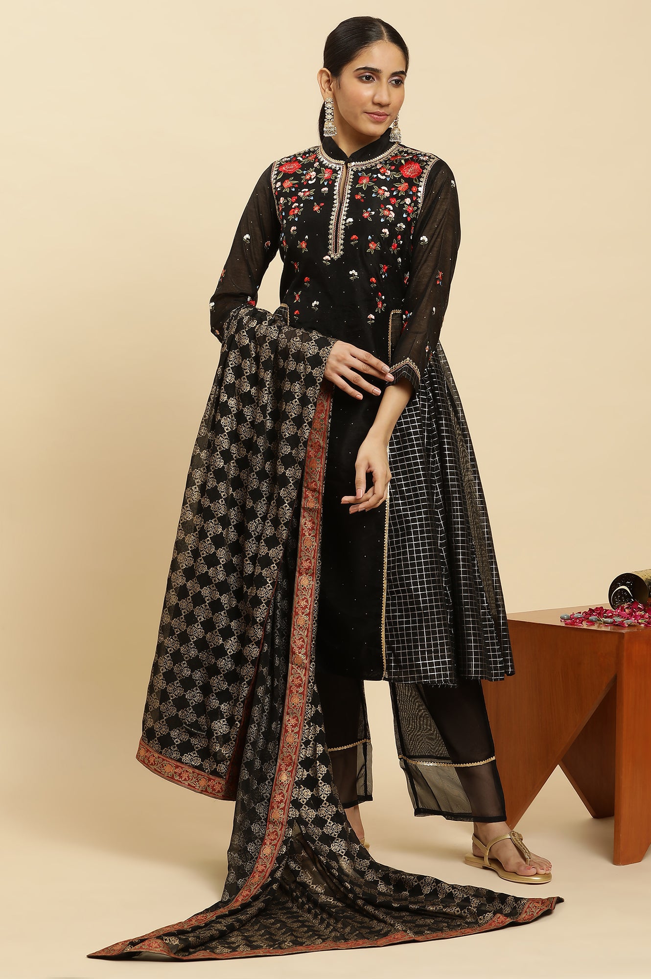 Black A-Line Chanderi Embroidered Kurta, Pants And Dupatta Set