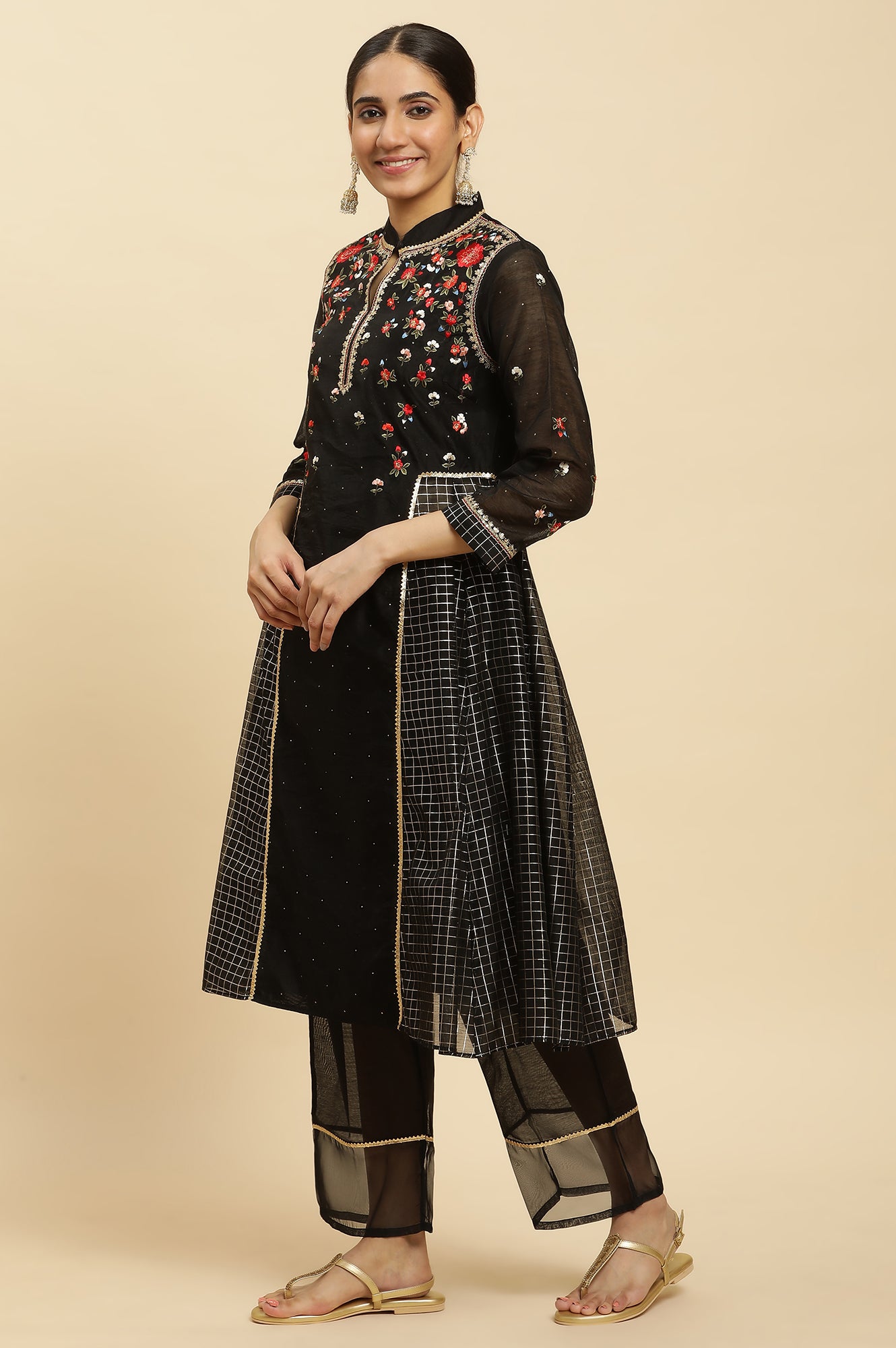 Black A-Line Chanderi Embroidered Kurta, Pants And Dupatta Set