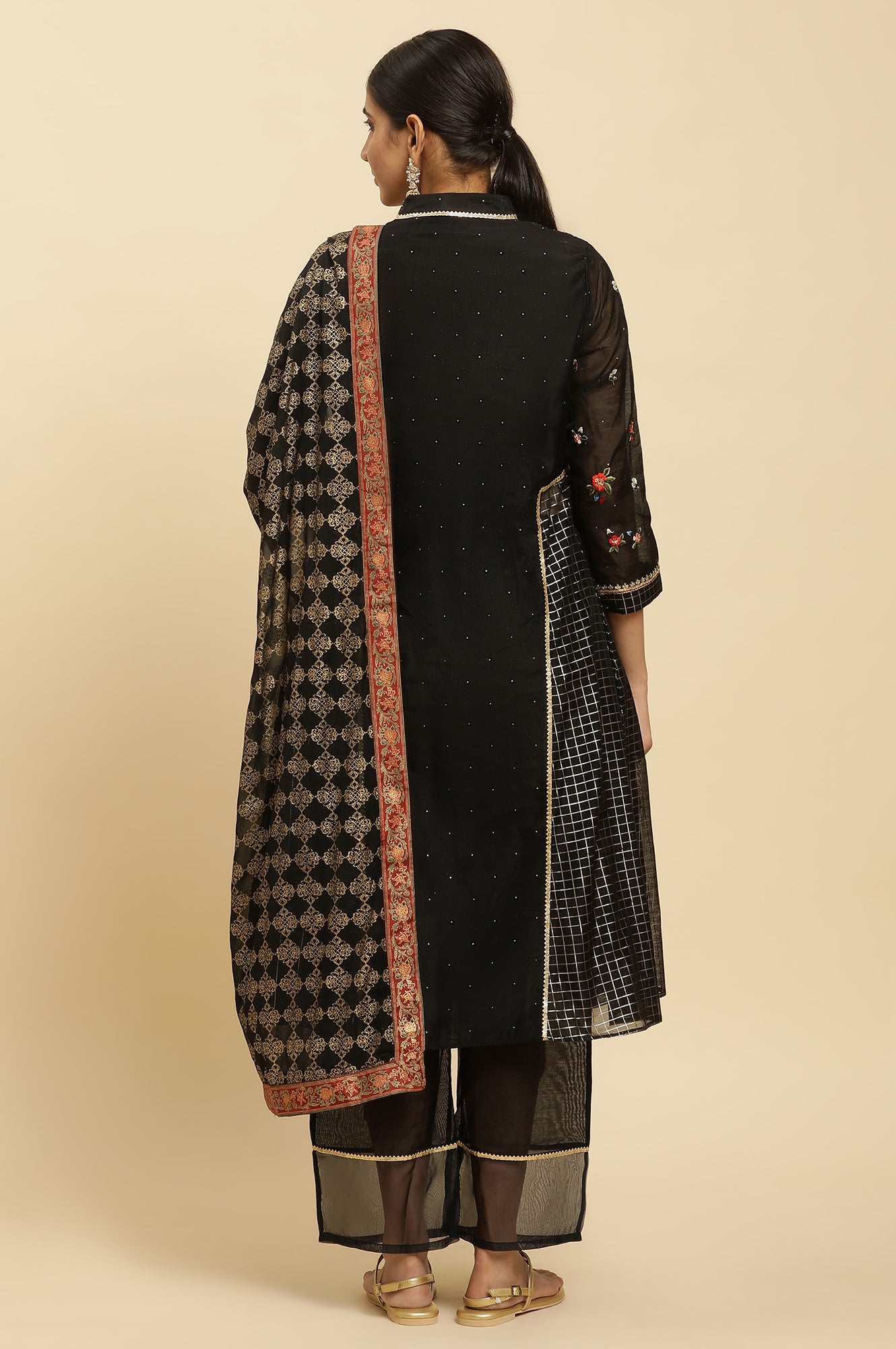 Black A-Line Chanderi Embroidered Kurta, Pants And Dupatta Set