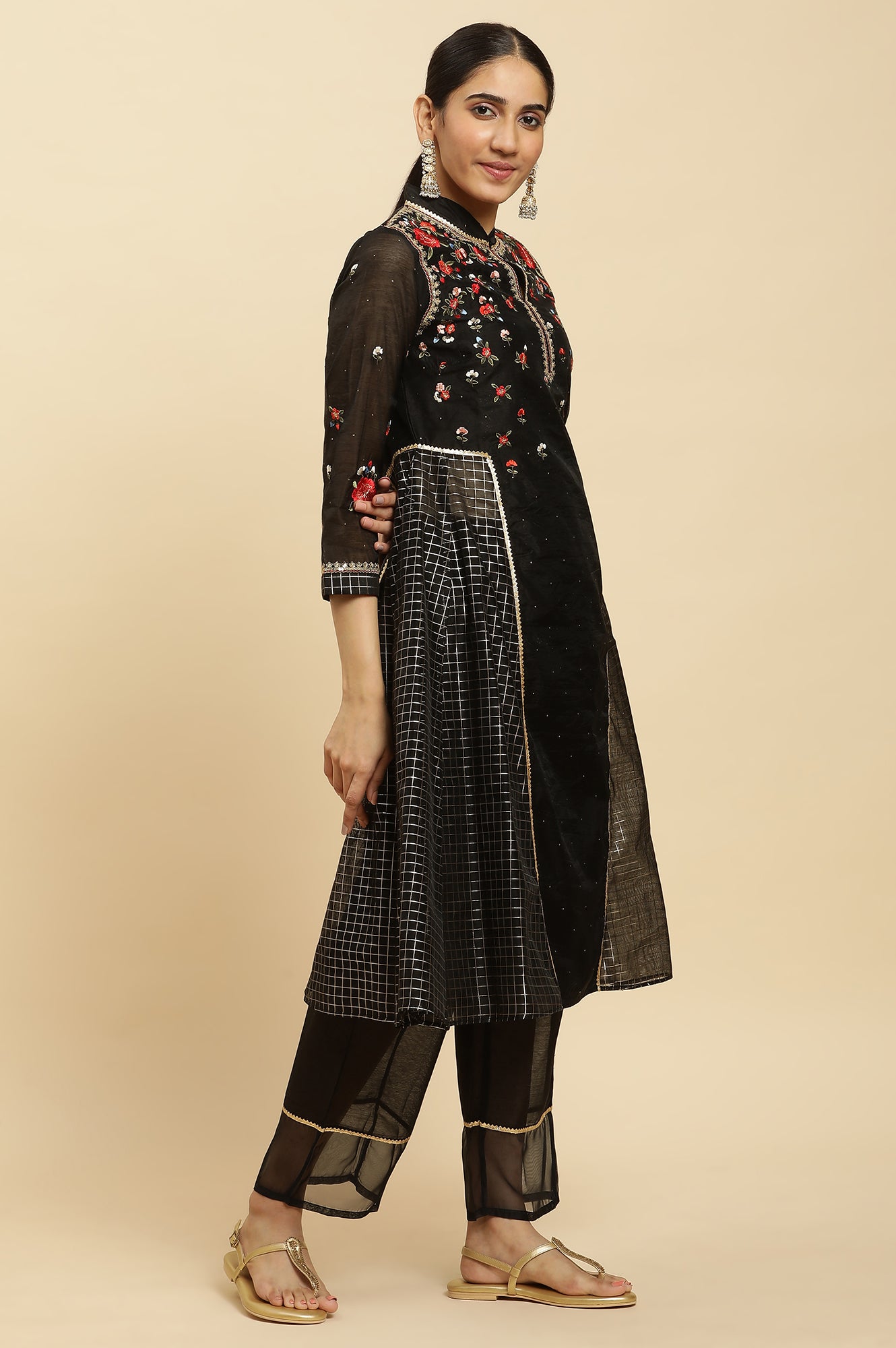 Black A-Line Chanderi Embroidered Kurta, Pants And Dupatta Set