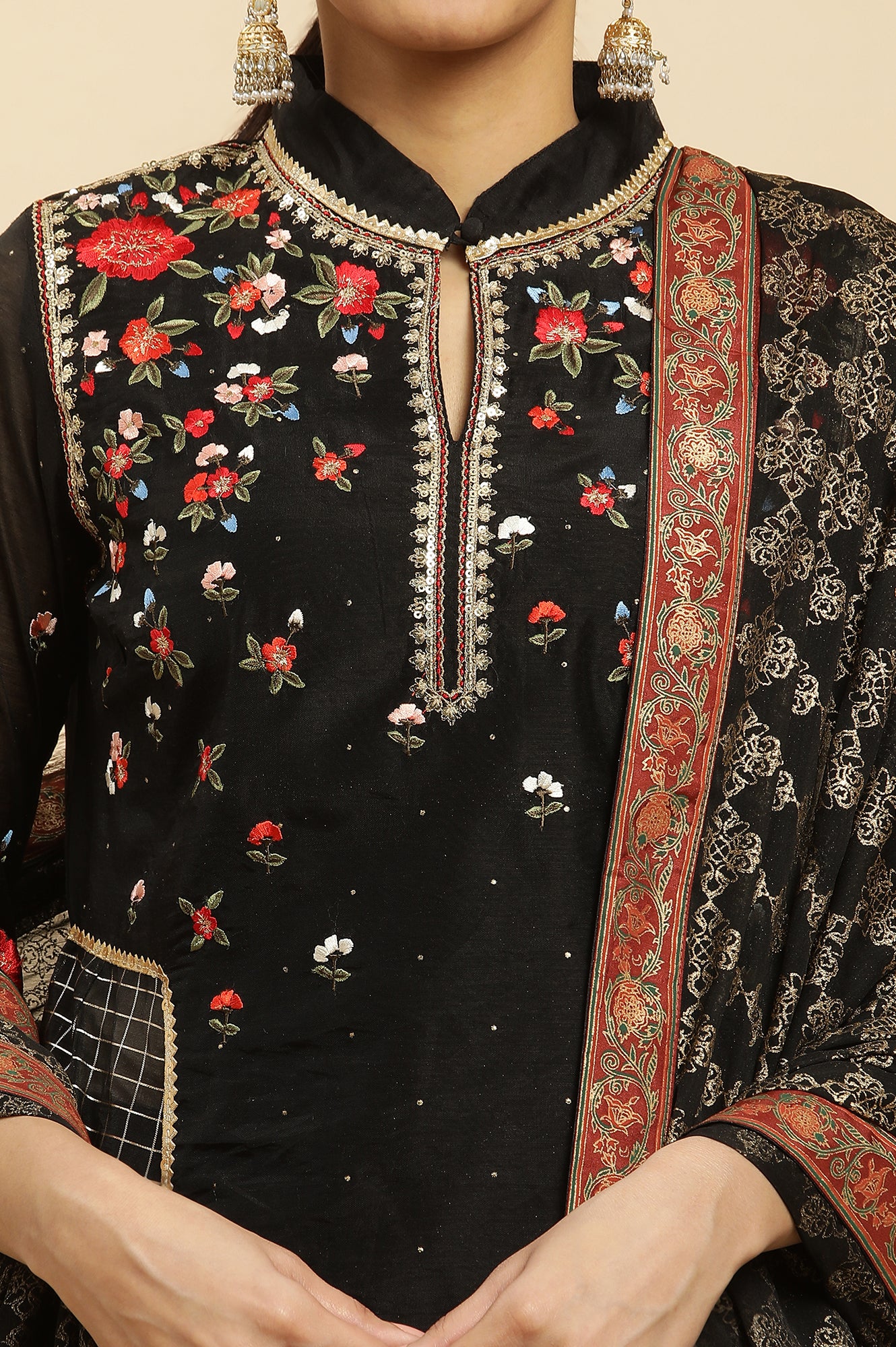 Black A-Line Chanderi Embroidered Kurta, Pants And Dupatta Set