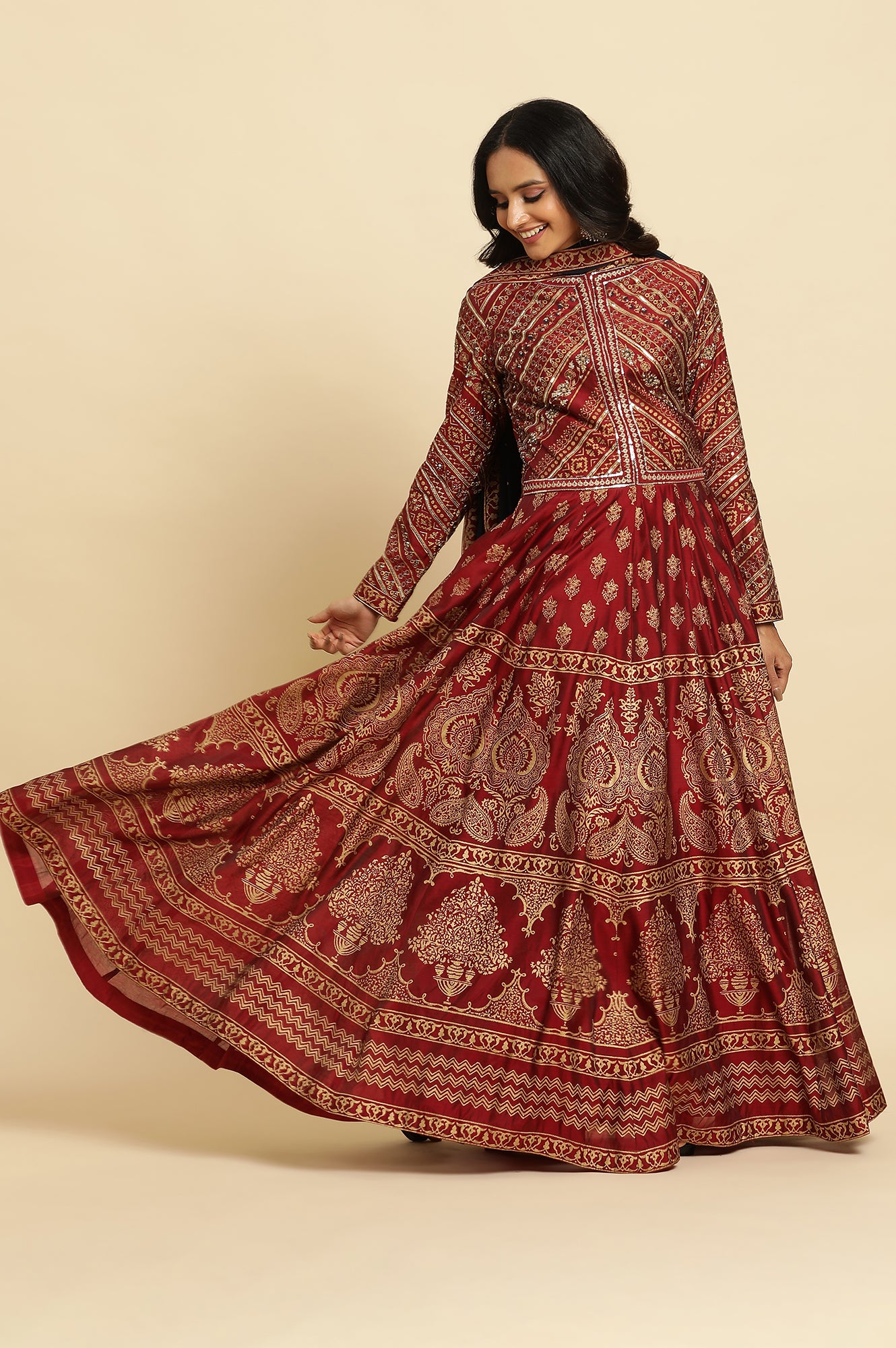 Marron Printed Chanderi Anarkali Dress And Dupatta Set
