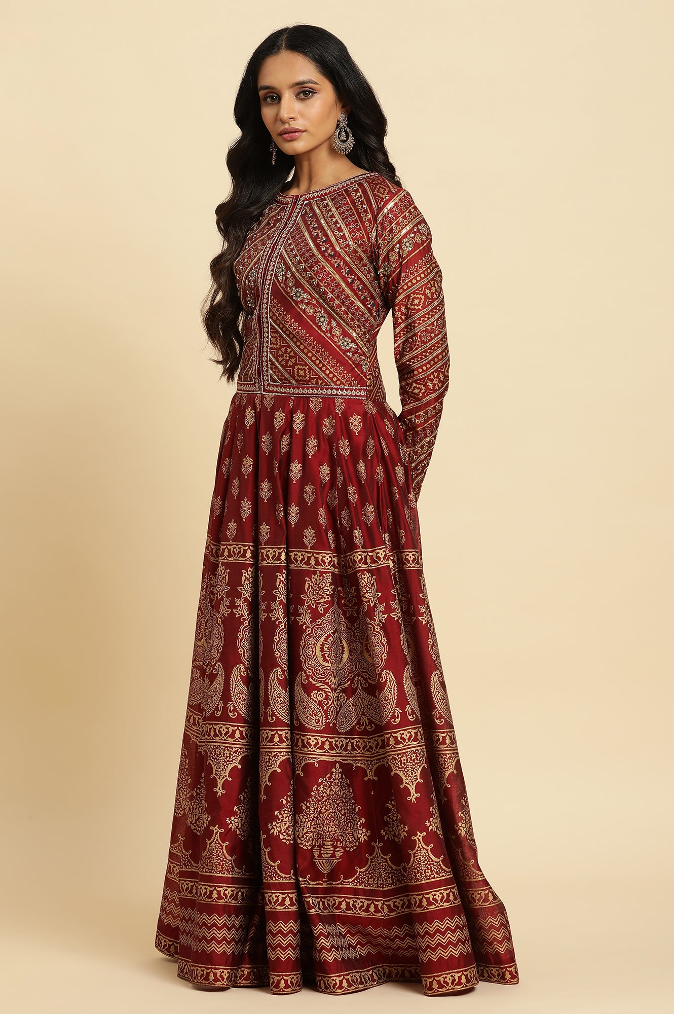 Marron Printed Chanderi Anarkali Dress And Dupatta Set