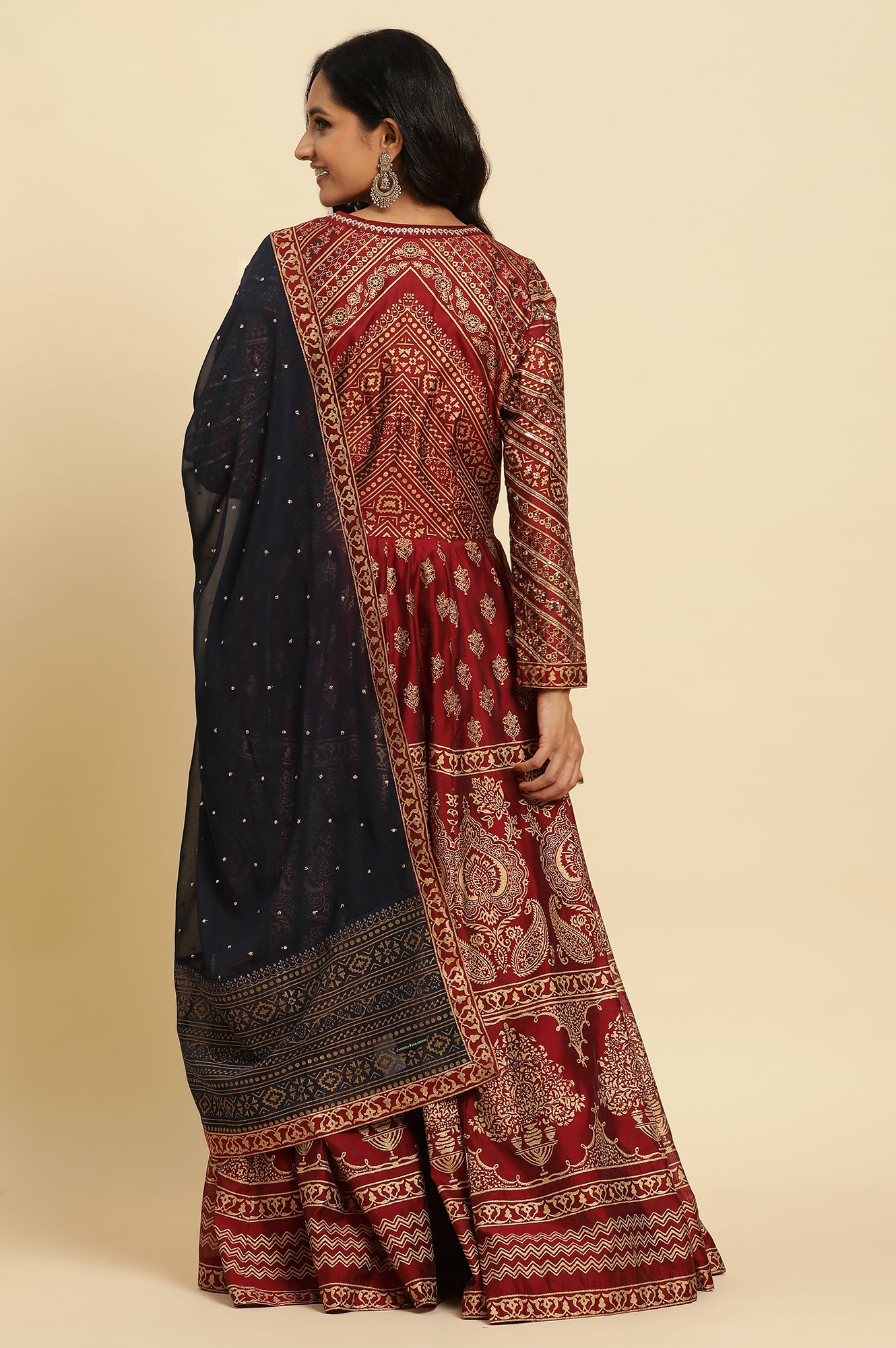 Marron Printed Chanderi Anarkali Dress And Dupatta Set