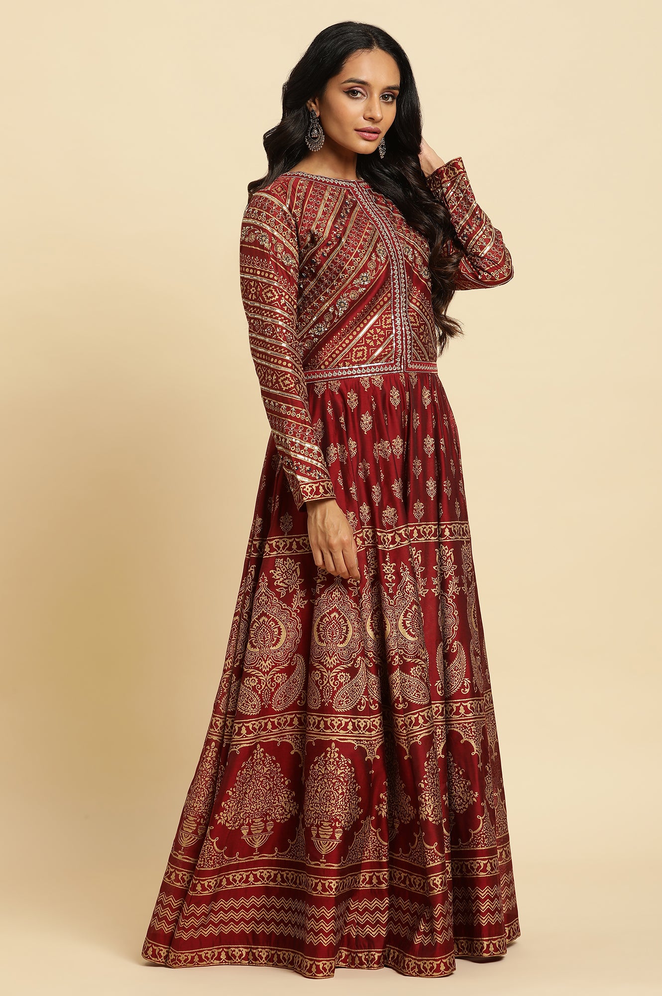 Marron Printed Chanderi Anarkali Dress And Dupatta Set