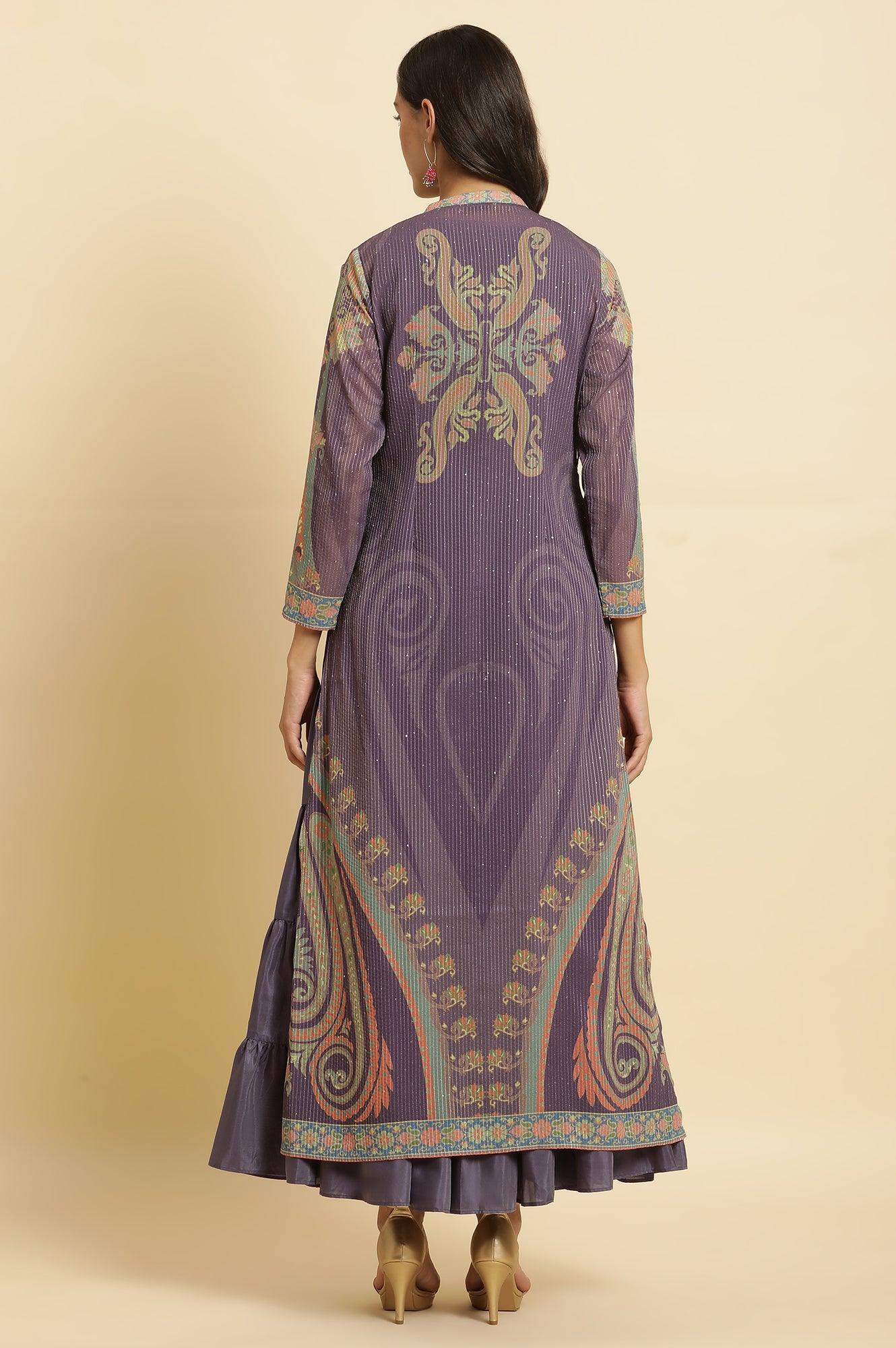 Purple Embellished Georgette Gilet And Tiered Dress - wforwoman
