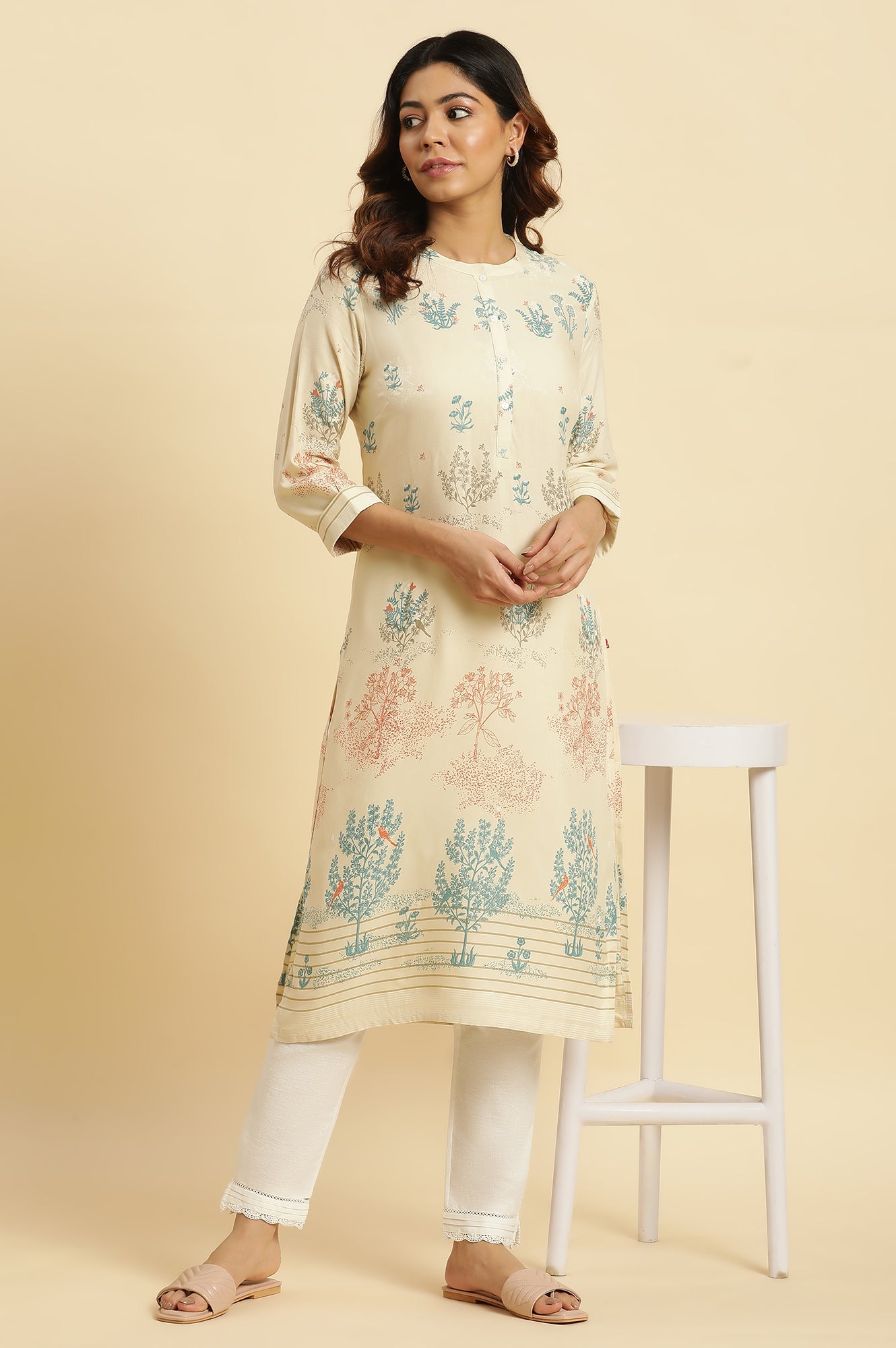 Beige Floral Printed Kurta