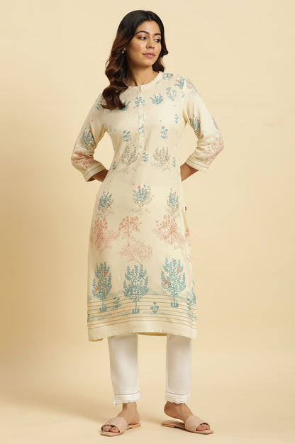 Beige Floral Printed Kurta