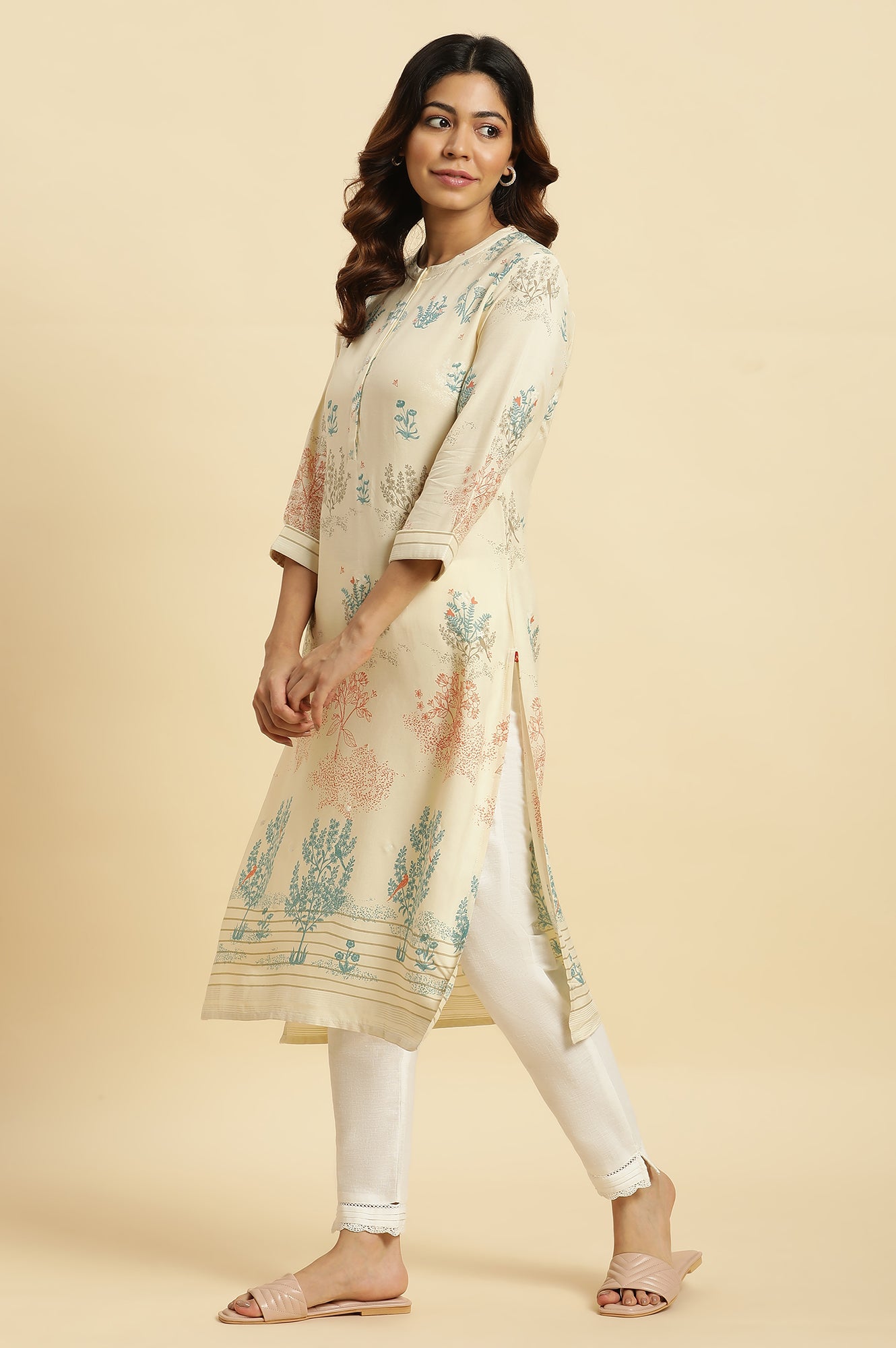 Beige Floral Printed Kurta