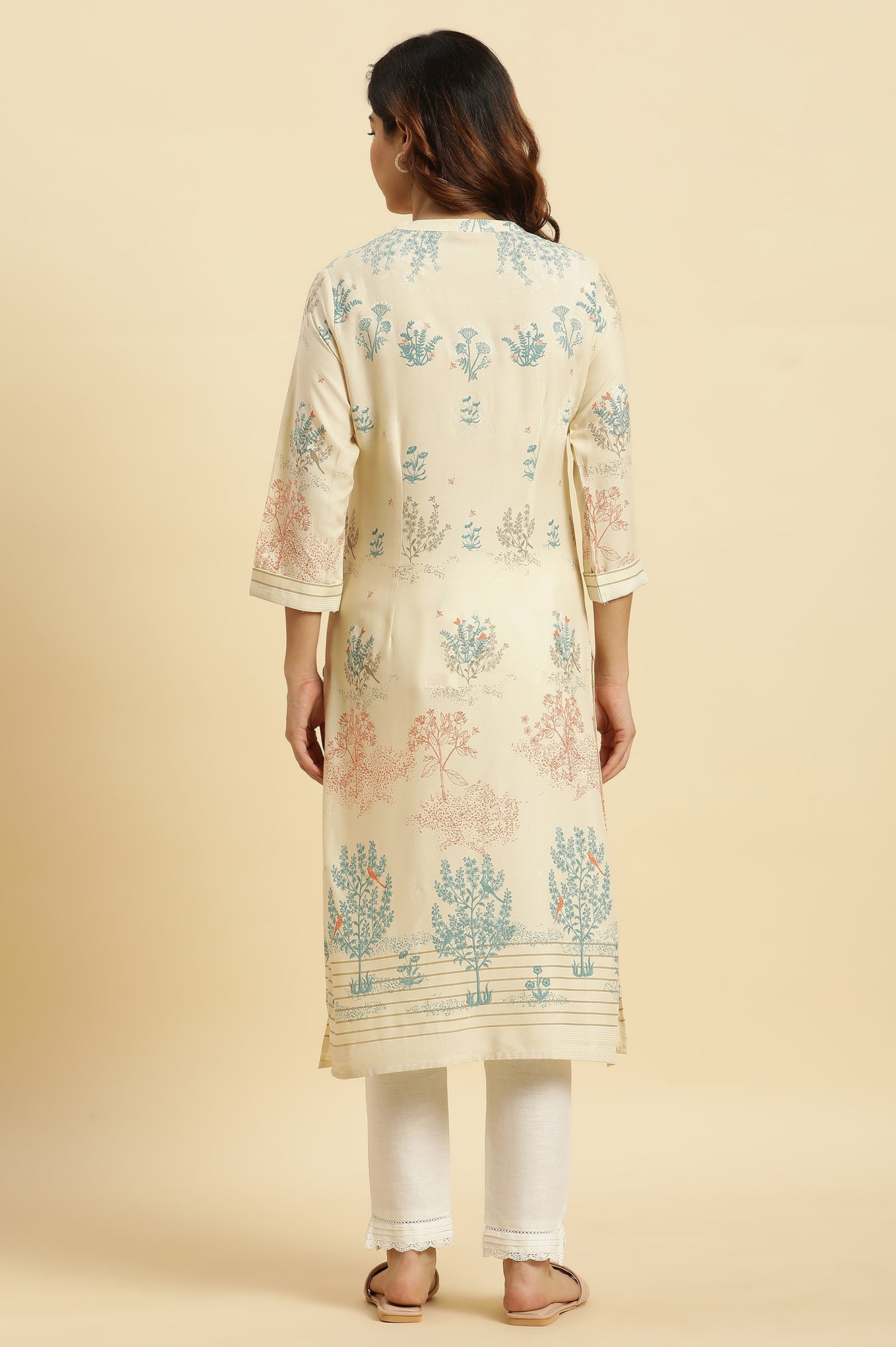 Beige Floral Printed Kurta