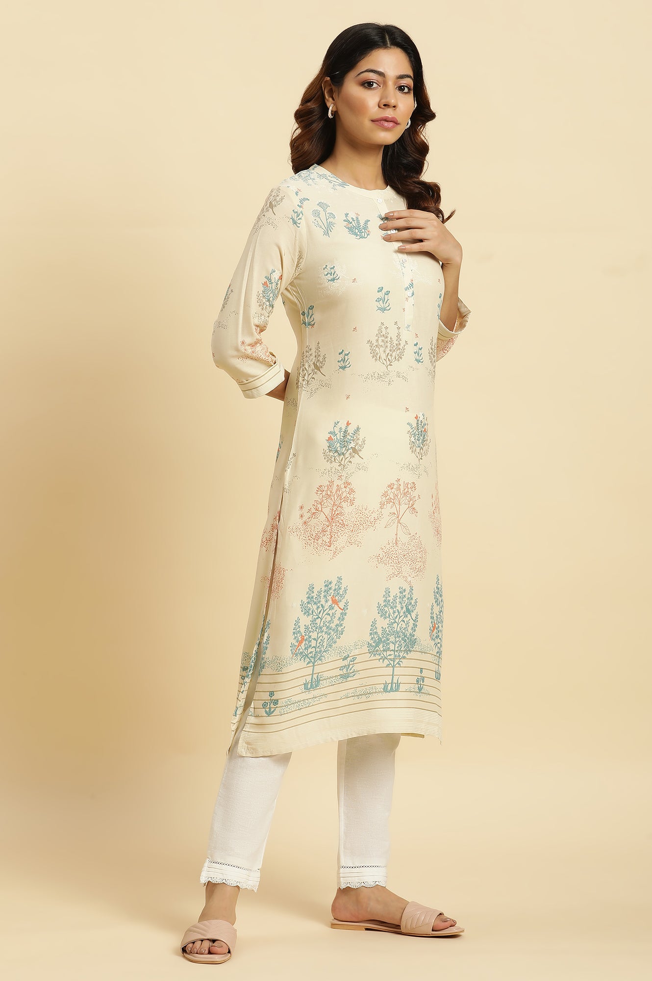 Beige Floral Printed Kurta