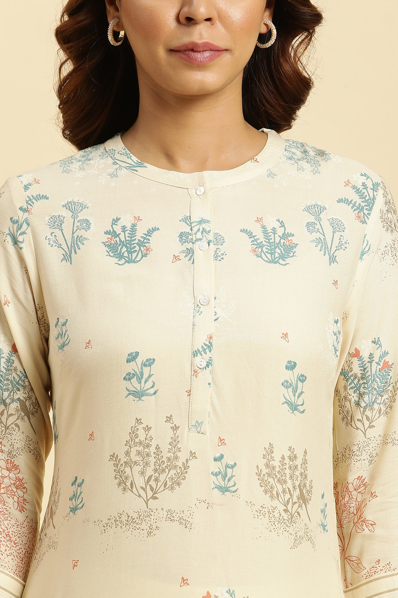 Beige Floral Printed Kurta