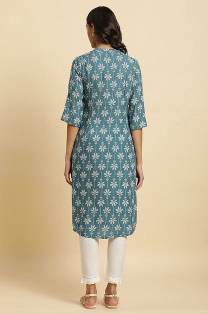 Blue Floral Printed Mandarin Collar Kurta